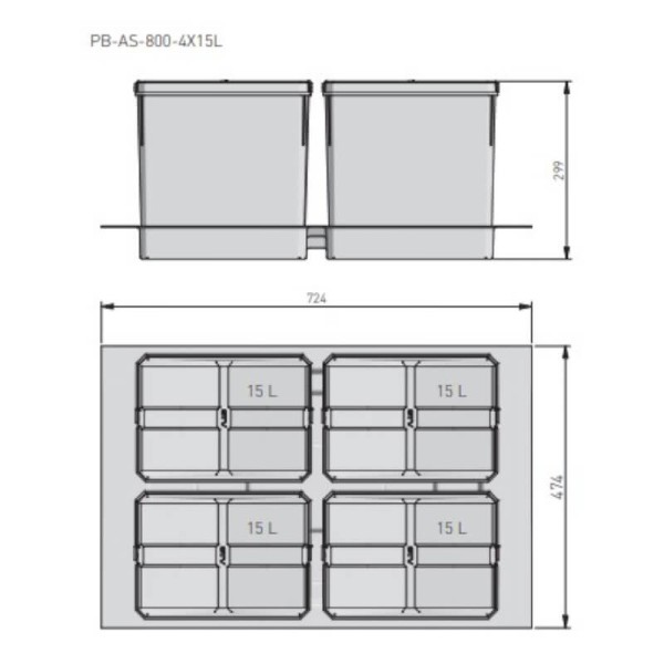 Відро для сміття, сегрегатор AxiSpace 800 4х15л (глибина 500мм), GTV
