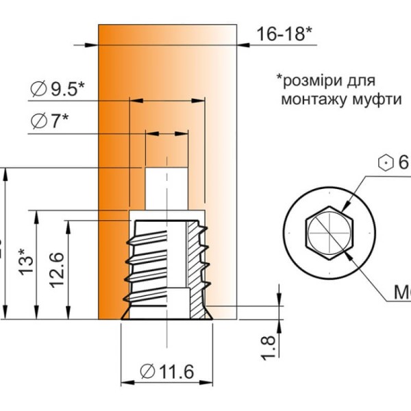 Муфта М6х12 під дерево, F3M