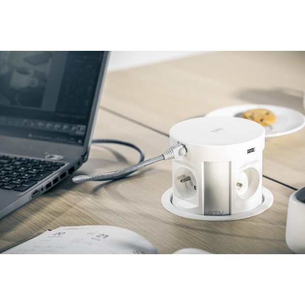Подовжувач висувний COMFORT PLUS d-120мм 4 розетки SCHUKO 2хUSB/ 2.4A/ 2хRJ45/WC 5W білий, GTV