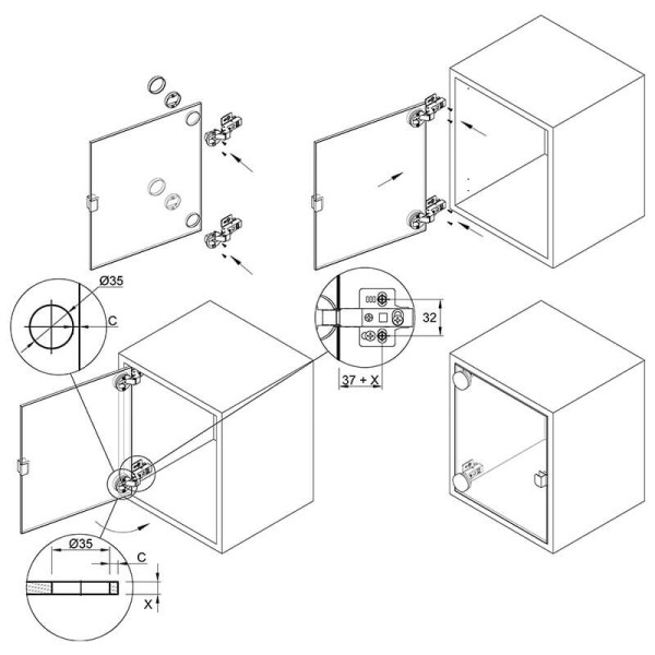 Петля для скла d-35, з дотягом, внутрішня 105°, нікель, 3D, Muller