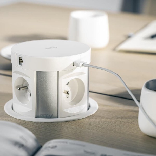 Подовжувач висувний COMFORT PLUS d-120мм 4 розетки SCHUKO 2хUSB/ 2.4A/ 2хRJ45/WC 5W чорний, GTV