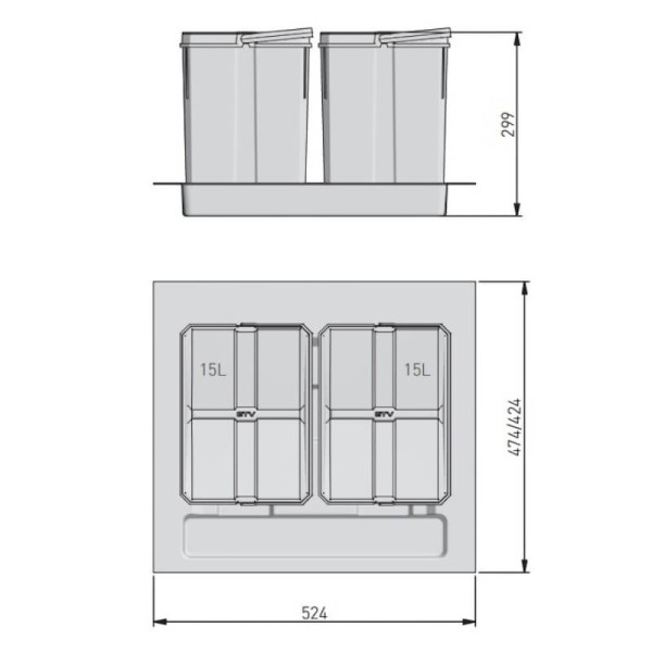 Відро для сміття, сегрегатор AxiSpace 600 2х15л (глибина 450-500мм), GTV