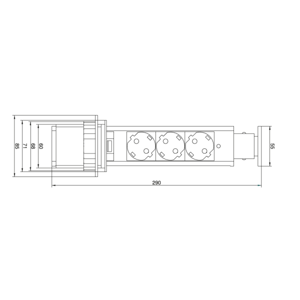 Подовжувач висувний REJS ELETKRIMA TUBUS d-60мм 3 гнізда алюміній, Rejs