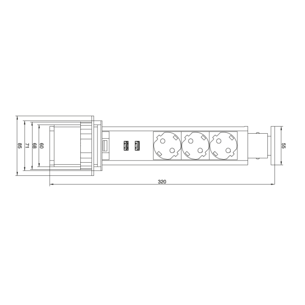 Подовжувач висувний REJS ELETKRIMA TUBUS d-60мм 3 гнізда+ 2USB (2.4A/5V) чорний, Rejs