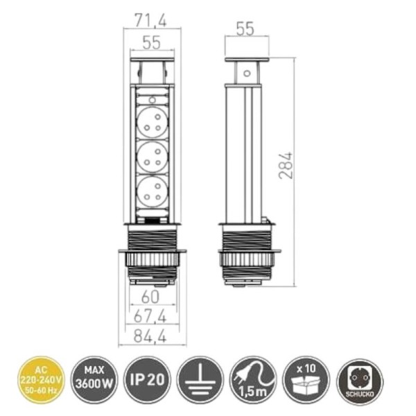 Подовжувач висувний d-60мм, 3 гнізда без USB (AE-BPW3S60-80) алюміній, GTV