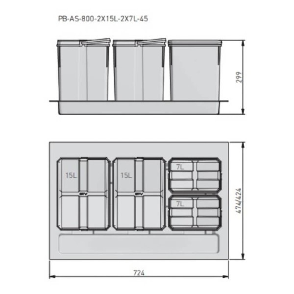 Відро для сміття, сегрегатор AxiSpace 800 2х15л + 2х7л (глибина 450-500мм), GTV