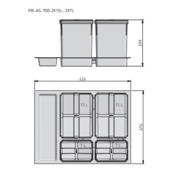 Відро для сміття, сегрегатор AxiSpace 700 2х15л + 2х7л (глибина 500мм), GTV